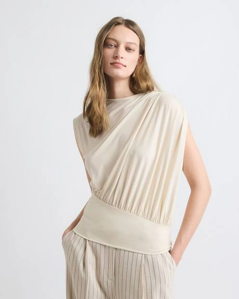 Extended-Sleeve Crew-Neck Top with Asymmetrical Detail