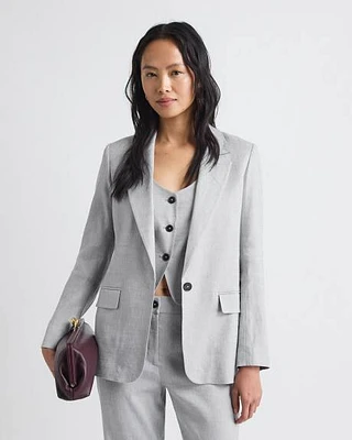 Loose One-Button Grey-Linen Blazer