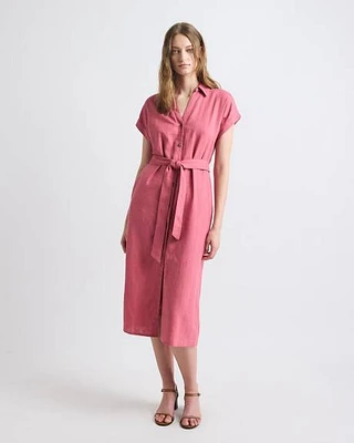 Short-Sleeve Linen-Blend Midi Dress with Shirt Collar