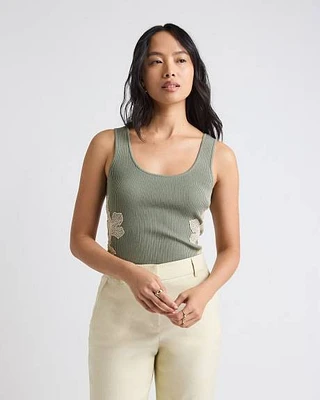 Scoop-Neck Ribbed Bodycon Tank with Flower Inserts