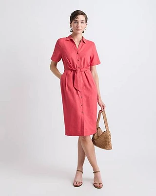 Robe en Mélange de Lin à Manches Courtes et Col Chemisier