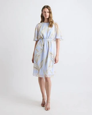 Crew-Neck Chiffon Midi Dress with Short Flutter Sleeves