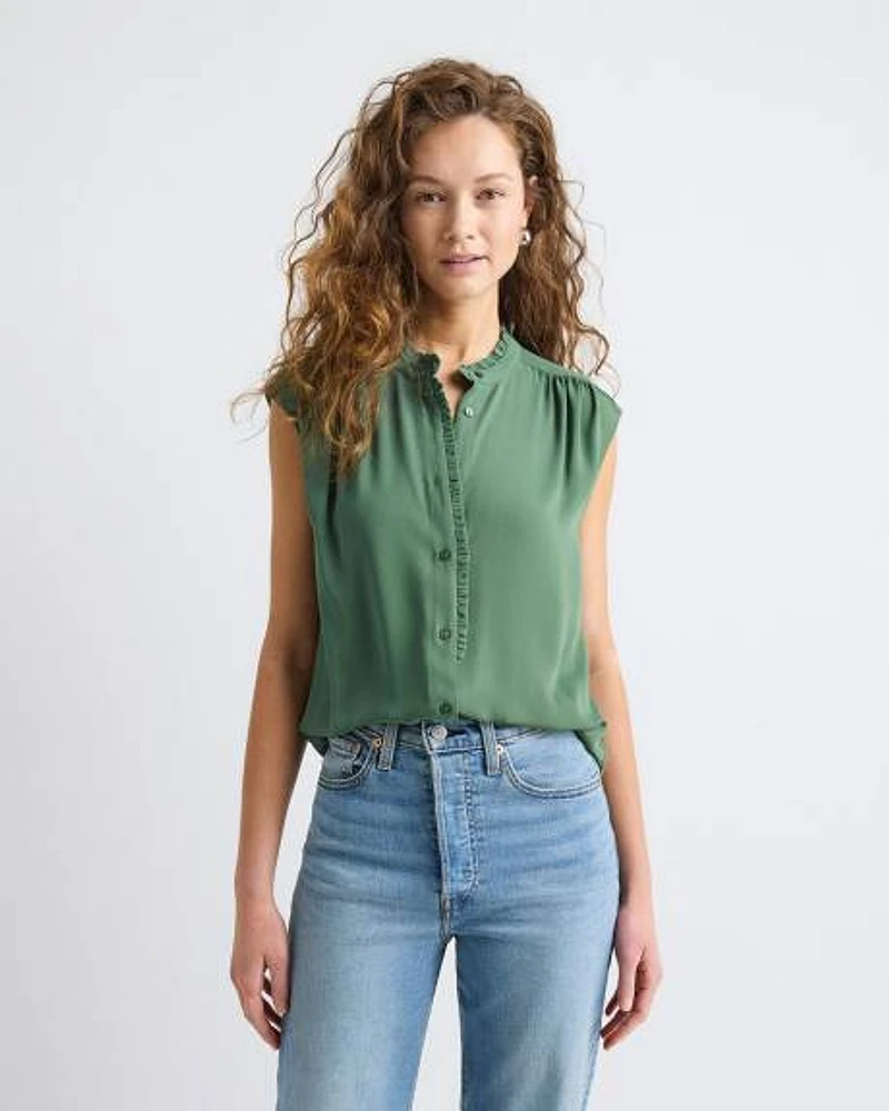 Sleeveless Mock-Neck Buttoned-Down Blouse with Ruffled Trim