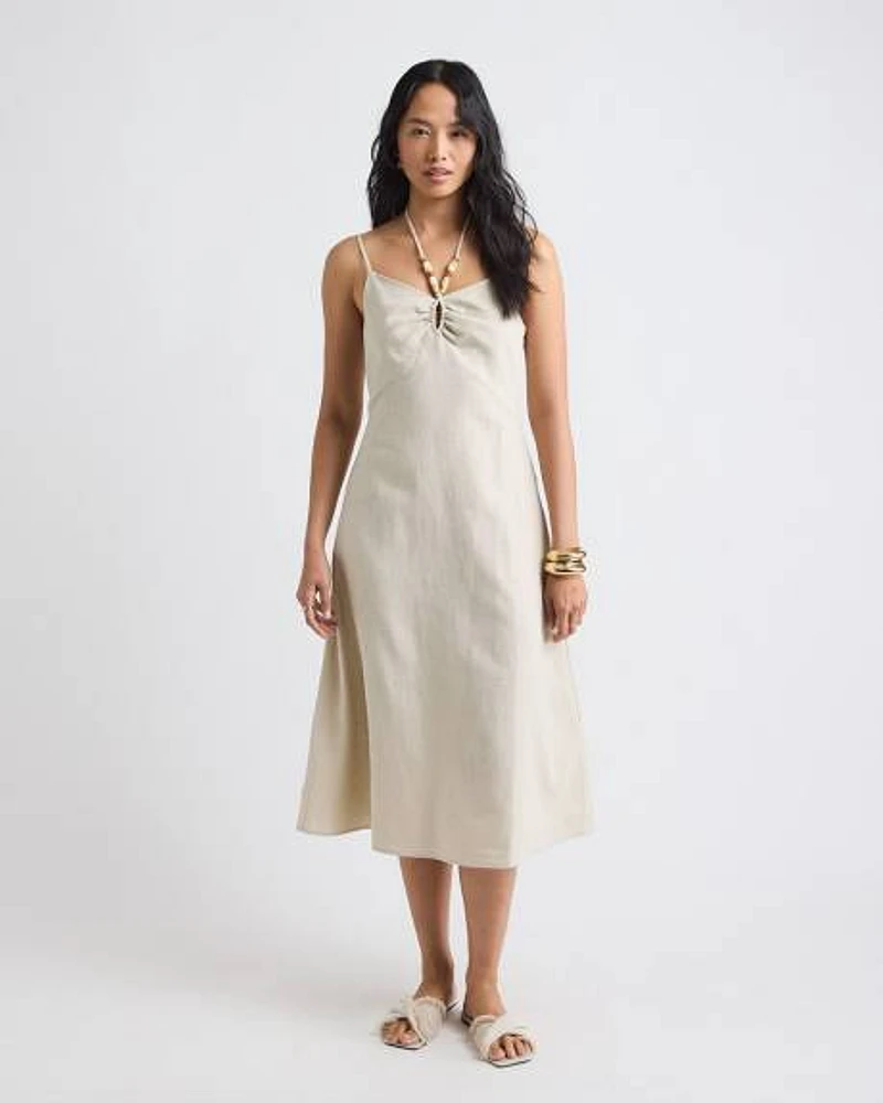Sleeveless Halter-Neck Linen-Blend Midi Dress