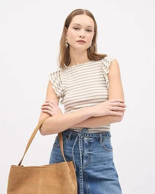 Striped Short-Flutter-Sleeve Crew-Neck Top
