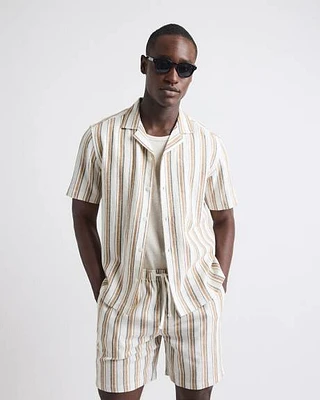 Chemise Rayée en Mélange de Lin à Manches Courtes et Col Camp