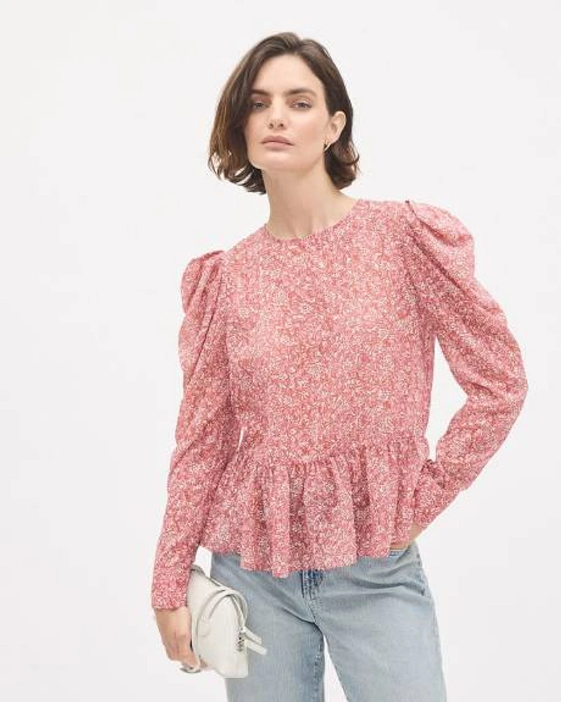 Blouse péplum fleurie à manches longues