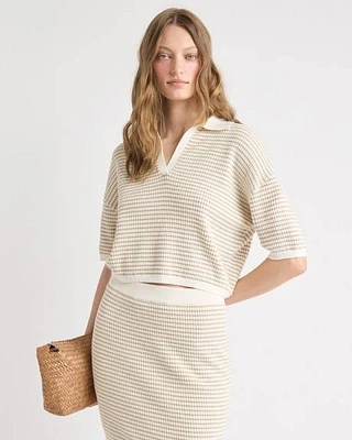 Elbow-Sleeve Polo Sweater Fancy Stitches