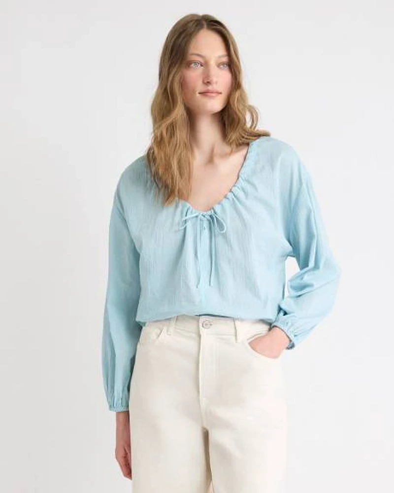 Long-Sleeve U-Neck Gauze Blouse