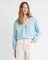 Long-Sleeve U-Neck Gauze Blouse
