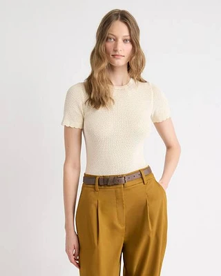 Pull en Tricot Texturé à Manches Courtes et Col Rond
