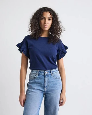 Extended-Sleeve Crew-Neck Top with Ruffles