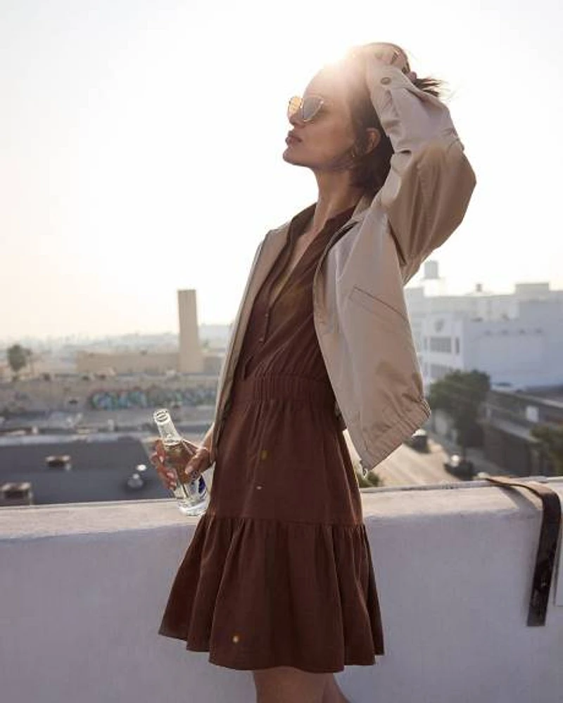Short-Sleeve Linen Dress with Shirt Collar