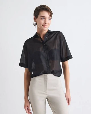 Short-Sleeve Buttoned-Down Blouse with Shirt Collar