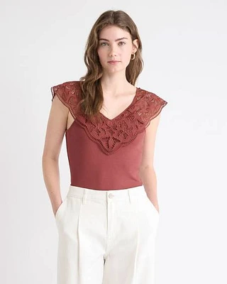 V-Neck Ribbed Top with Short Flutter Sleeves