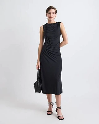 Sleeveless Crew-Neck Midi Dress with Shirred Seam