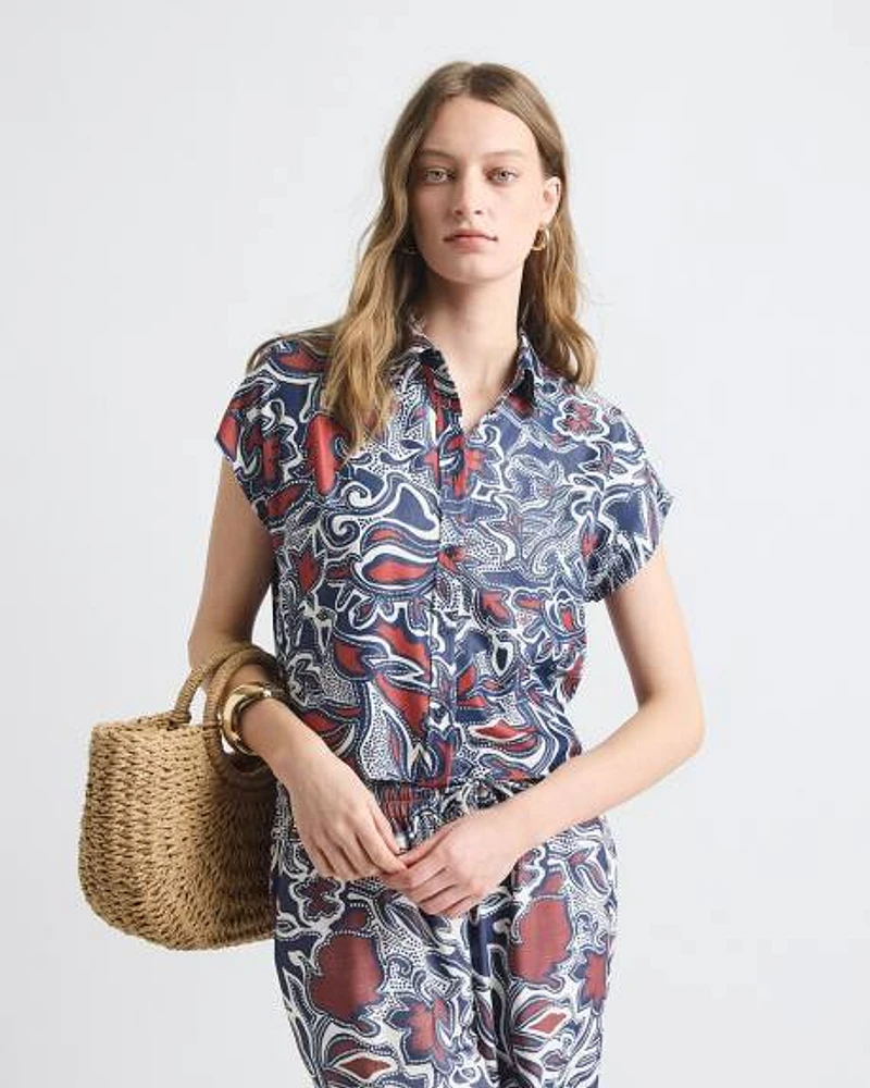 Extended-Sleeve Buttoned-Down Twill Blouse