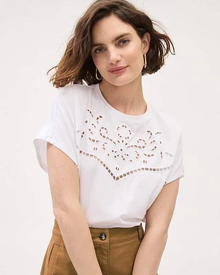 Extended-Sleeve Crew-Neck Top with Eyelet Pattern