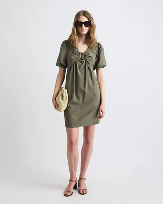 Robe Mini Droite Fluide à Manches Courtes Bouffantes et Col V