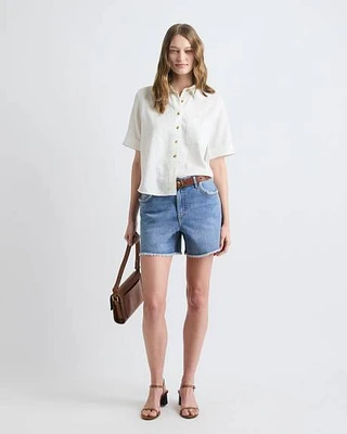 Short en Denim à Taille Haute avec Ourlet Effiloché