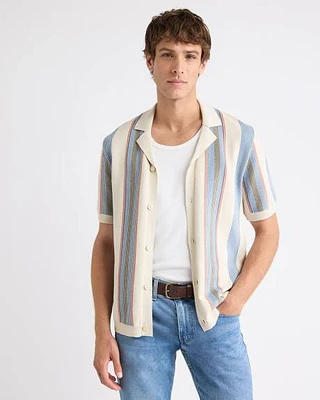 Short-Sleeve Buttoned-Down Sweater with Camp Collar