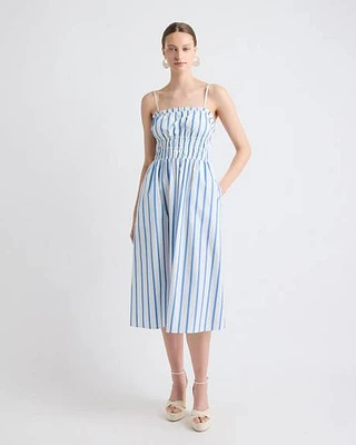 Robe Midi Cintrée et Évasée Rayée Sans Manches avec Haut Smocké en Popeline