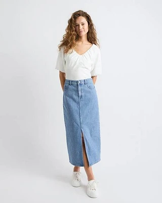 Striped High-Rise Denim Maxi Skirt