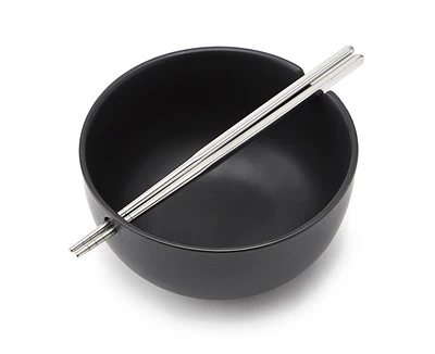 Soba Noodle Bowl with Chopsticks, Matte Black