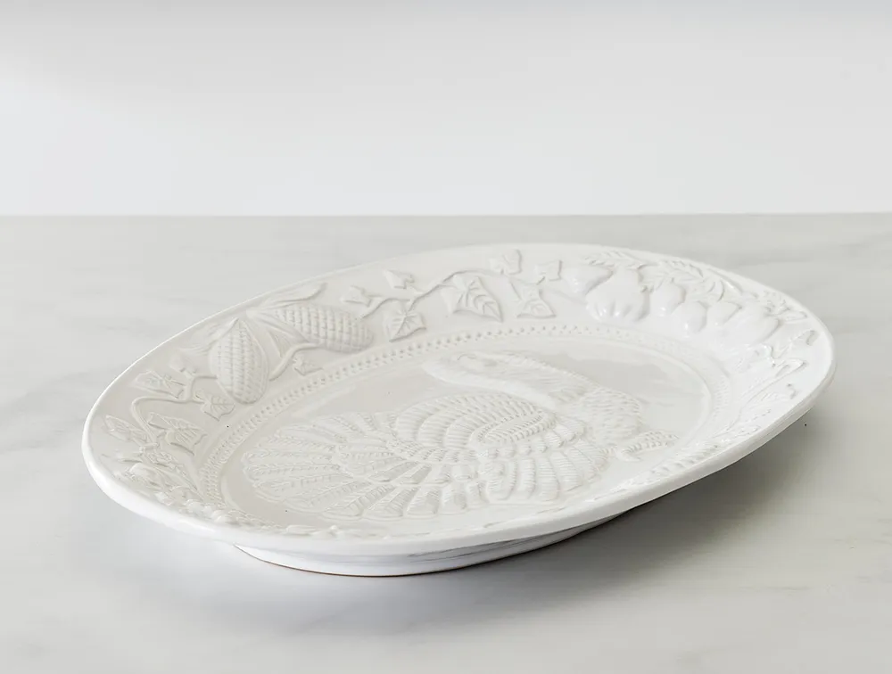 Assiette ovale à motif de dinde Aliya, blanche, 48 cm