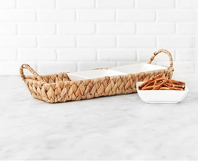 Ensemble de 4 bols avec panier en jacinthe d'eau Catalina, blanc et naturel
