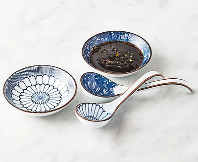Ensemble de deux plats à sauce et cuillères à soupe Midori, bleu