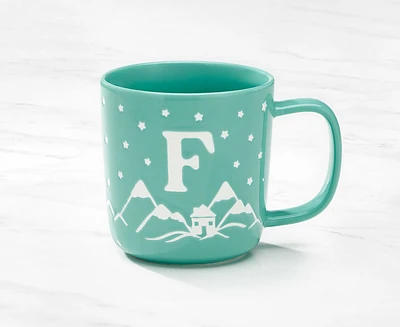Tasse monogramme avec motif chalet et lettre F, turquoise et blanc, 370 ml