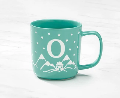 Tasse monogramme avec motif chalet et lettre O, turquoise et blanc, 370 ml