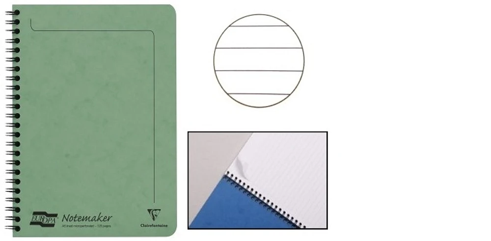Cahier spiralé (A5) Clairefontaine, série Europa Vert (148 mm x 210 mm, ligné)