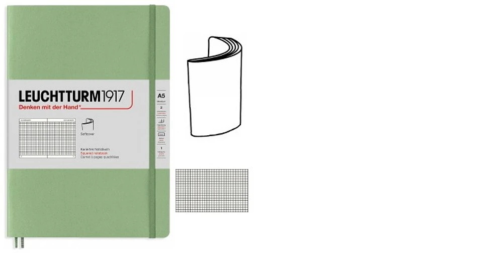 Leuchtturm1917 Notebook, Notebook Medium (A5) Softcover series Sage (Squared, 145 x 210mm)