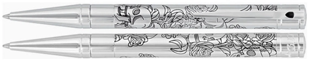 Stylo bille Dupont, S.T., série D-Initial Argenté (Tête de mort & Roses)