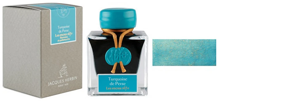 Jacques Herbin Ink bottle, 1670 Inks series Turquoise de Perse (with gold flecks)