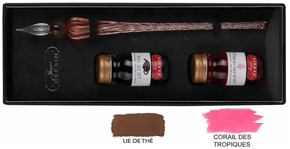 Ensemble stylo plume de verre & bouteilles d'encre Jacques Herbin Corail