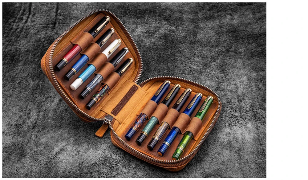 Galen Leather Co. Pen pouch, Expansi-Pouch Leather Wide 10 Slots - A6 Zip Folio series Crazy Horse Brown