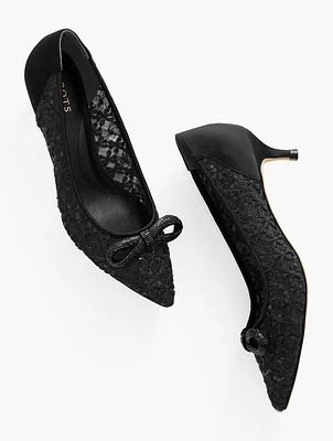 Sylvie Bow Kitten Heel Pumps - Sequin Mesh