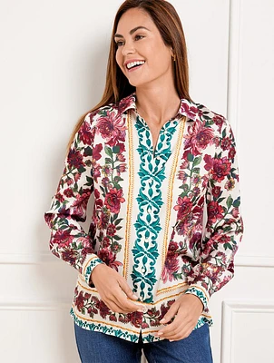 Soft Satin Charmeuse Button Front Shirt - Stunning Floral