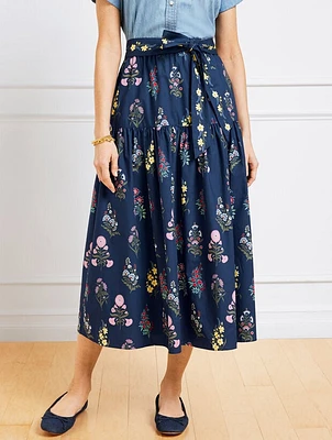 Modern Poplin Flounce Midi Skirt - Floral Radiance