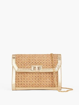 Metallic Leather Trim Rattan Clutch