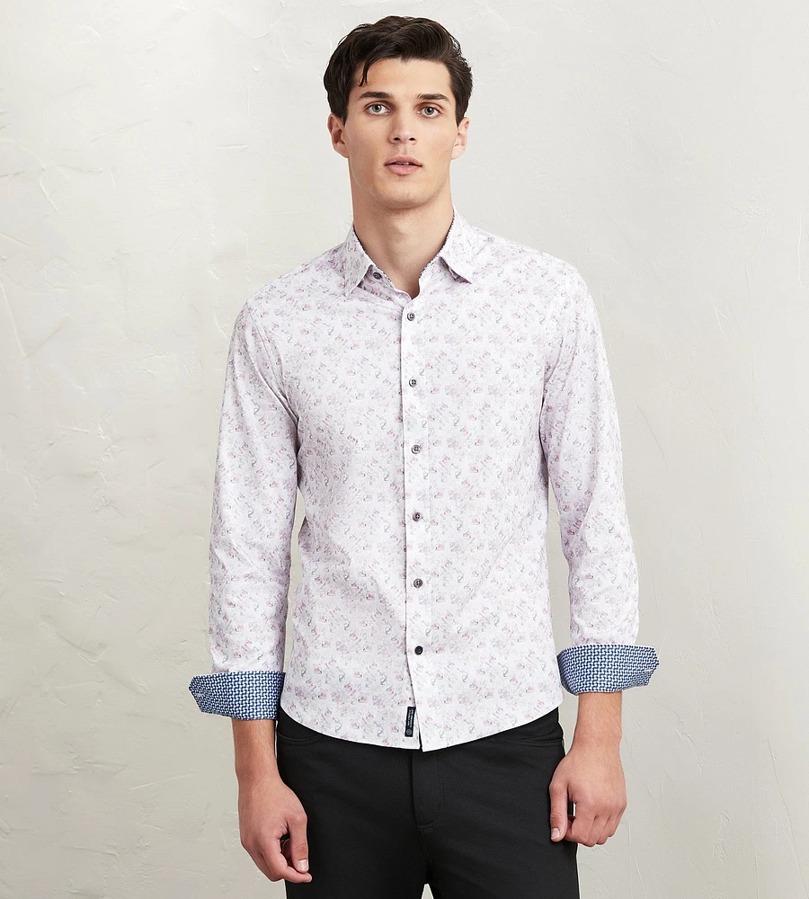 Modern Fit Long Sleeve Geo Pattern 360 Stretch Casual Shirt