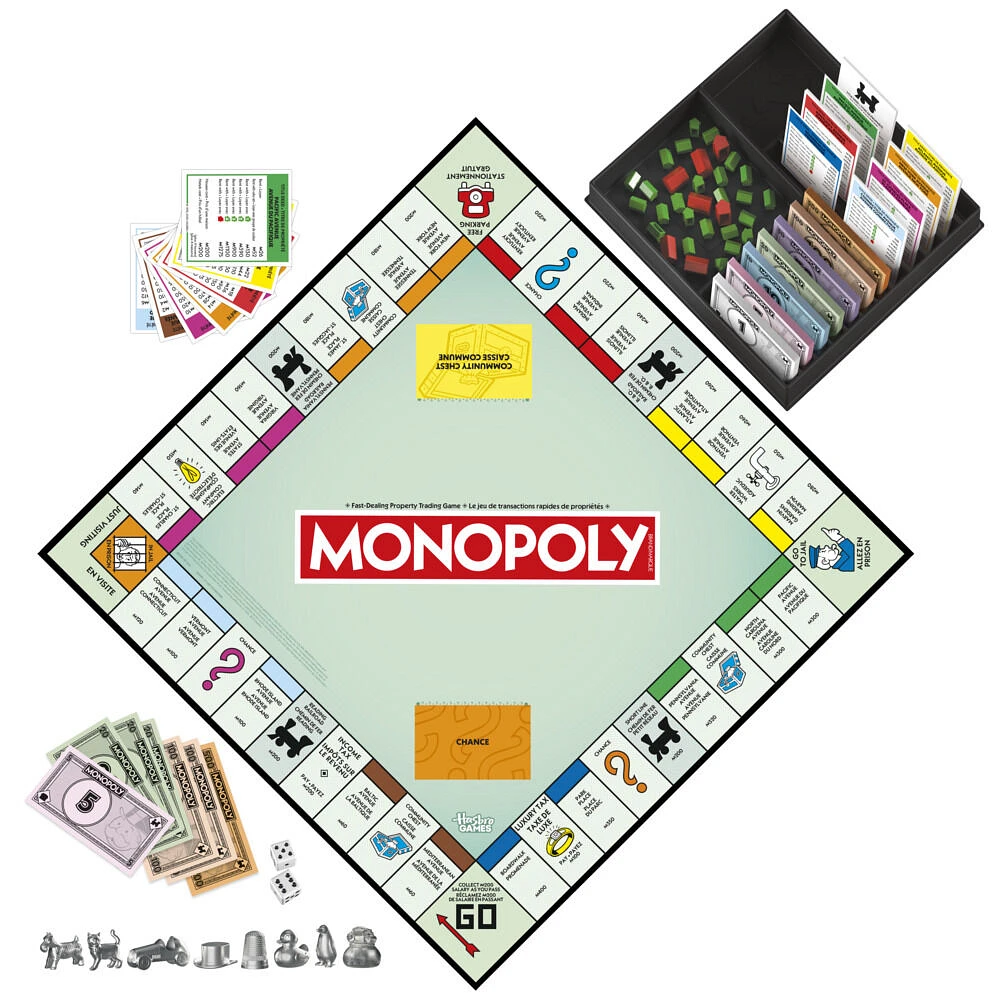 Monopoly, jeu de plateau avec boîte de rangement et pions grand format