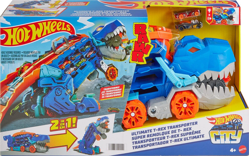 Hot Wheels City Ultimate Hauler, Transforms into a T-Rex with Race Track, Stores 20+ Cars