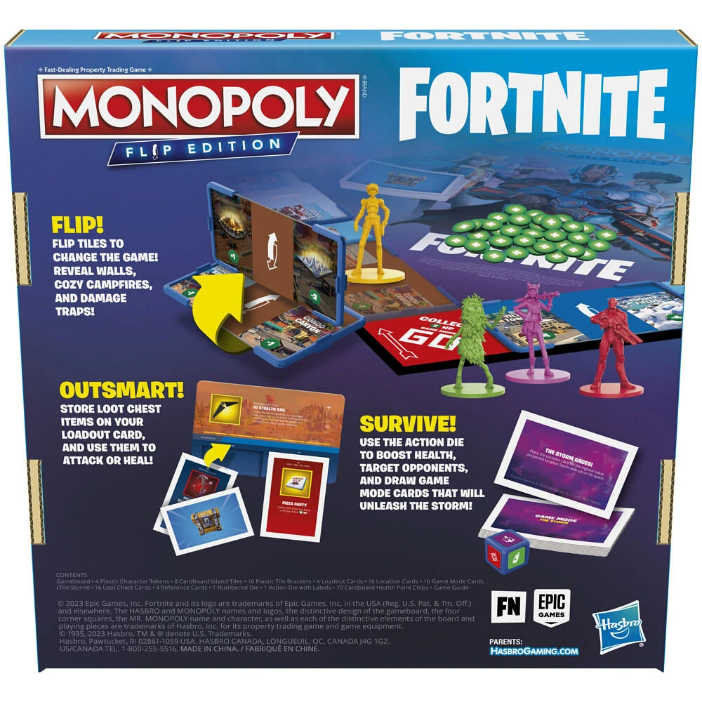 Monopoly Flip édition : Fortnite, jeu de plateau Monopoly inspiré du jeu vidéo Fortnite