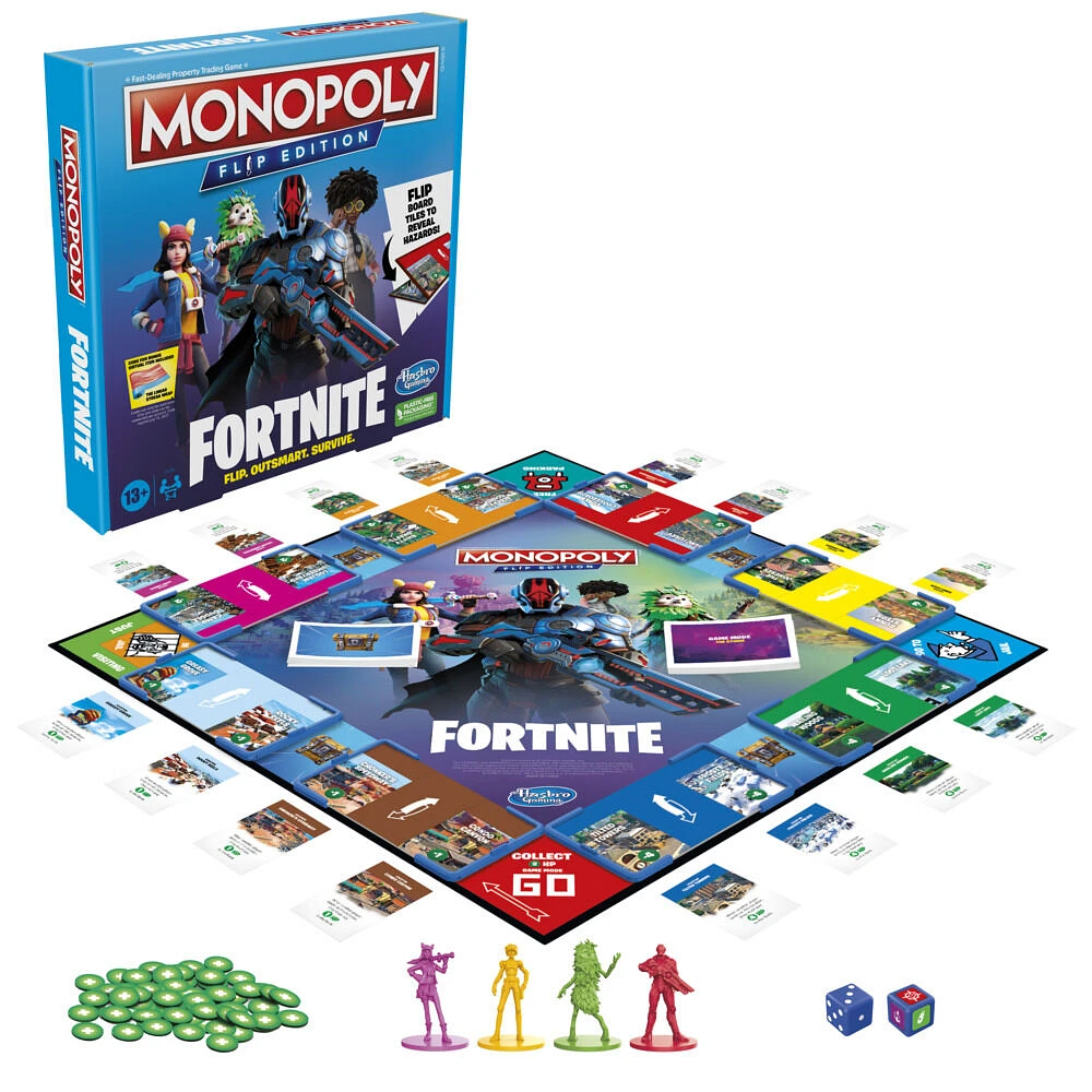 Monopoly Flip édition : Fortnite, jeu de plateau Monopoly inspiré du jeu vidéo Fortnite