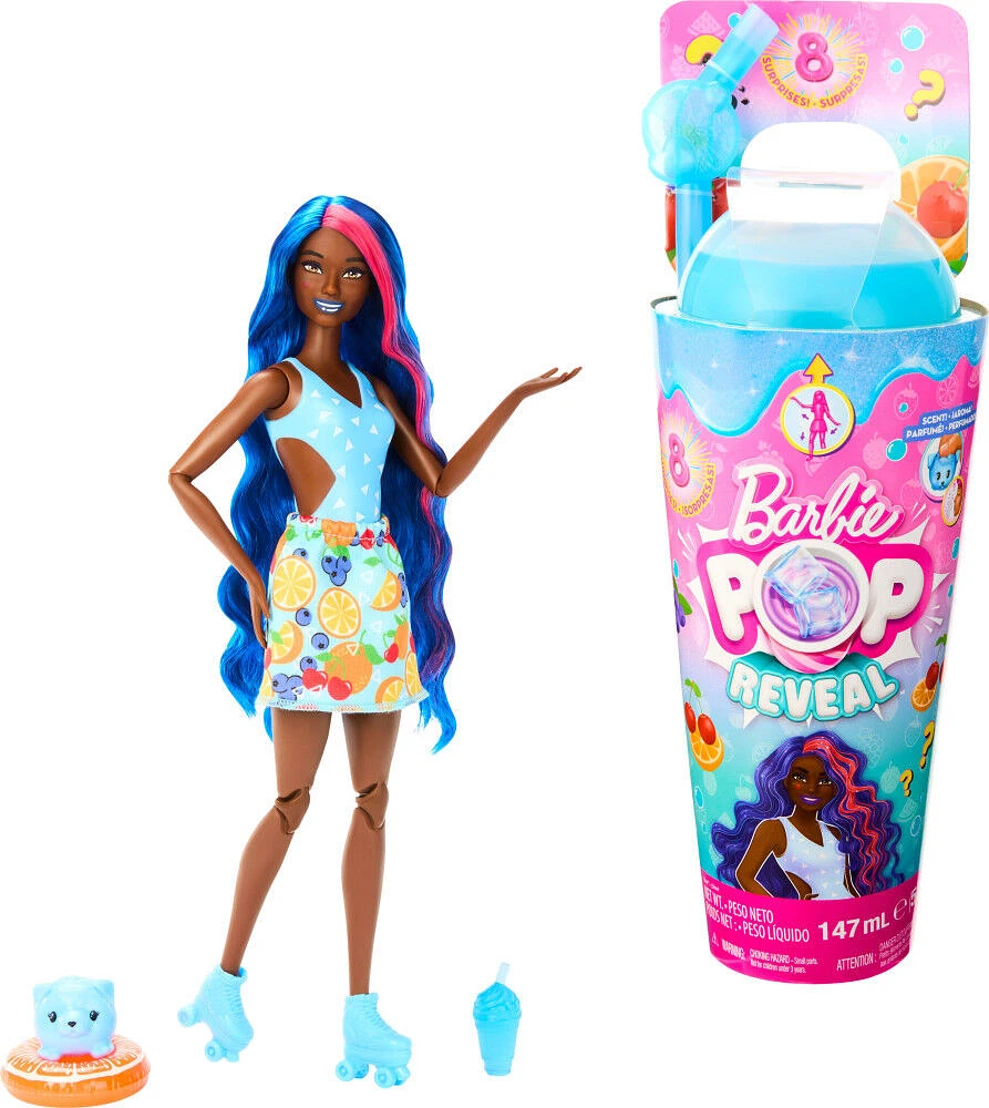 Barbie Pop Reveal Poupée de la série Fruit, thème punch avec 8 surprises dont 1 animal de compagnie et des accessoires, slime, parfum et changement de couleur