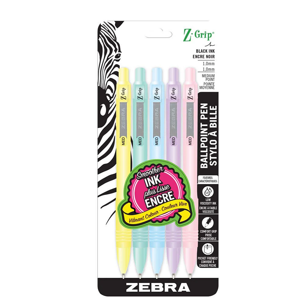 Stylo à bille rétractable Z-Grip, corps pastel, encre noire, paquet de 5
